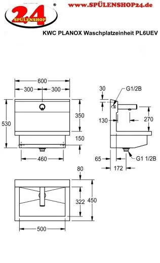 KWC PROFESSIONAL Planox Waschplatzeinheit mit Elektronik-Wandventilen PL6UEV fr Wandmontage Breite 600mm