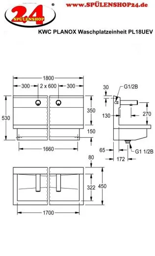 KWC PROFESSIONAL Planox Waschplatzeinheit mit Elektronik-Wandventilen PL18UEV fr Wandmontage Breite 1800mm