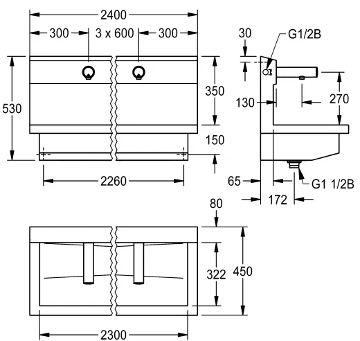 KWC PROFESSIONAL Planox Waschplatzeinheit mit Elektronik-Wandventilen PL24UEV fr Wandmontage Breite 2400mm