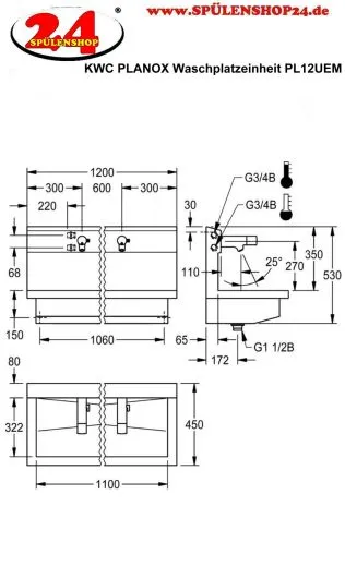 KWC PROFESSIONAL Planox Waschplatzeinheit mit Elektronik-Waschplatzbatterien PL12UEM fr Wandmontage Breite 1200mm