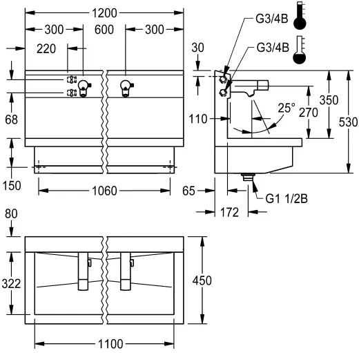 KWC PROFESSIONAL Planox Waschplatzeinheit mit Elektronik-Waschplatzbatterien PL12UEM fr Wandmontage Breite 1200mm