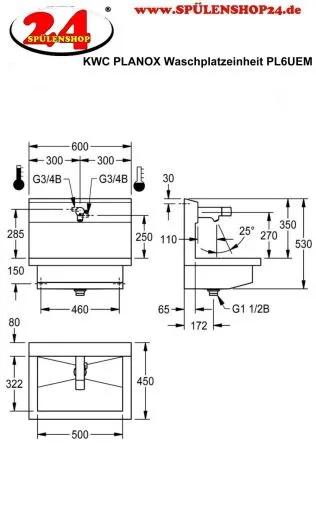 KWC PROFESSIONAL Planox Waschplatzeinheit mit Elektronik-Waschplatzbatterien PL6UEM fr Wandmontage Breite 600mm