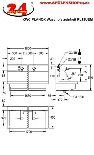 KWC PROFESSIONAL Planox Waschplatzeinheit mit Elektronik-Waschplatzbatterien PL18UEM fr Wandmontage Breite 1800mm