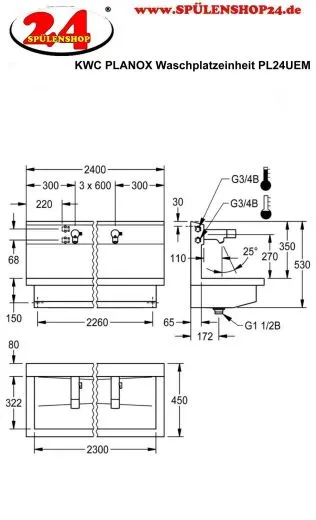 KWC PROFESSIONAL Planox Waschplatzeinheit mit Elektronik-Waschplatzbatterien PL24UEM fr Wandmontage Breite 2400mm