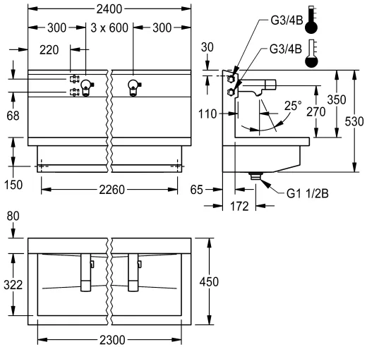 KWC PROFESSIONAL Planox Waschplatzeinheit mit Elektronik-Waschplatzbatterien PL24UEM fr Wandmontage Breite 2400mm
