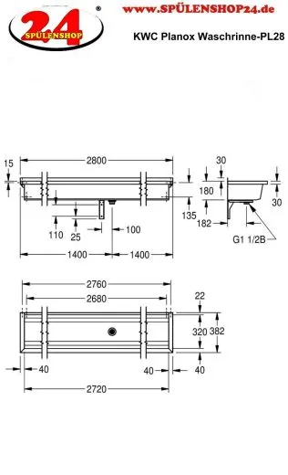 KWC PROFESSIONAL Planox Waschrinne-PL28 fugenlos verschwei�te Waschrinne f�r Wandmontage Breite 2800mm