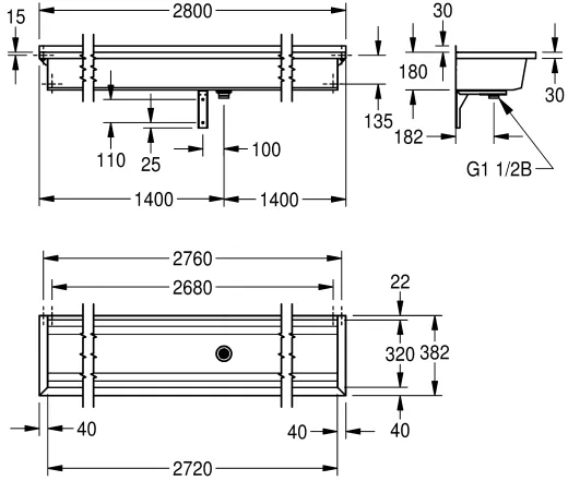 KWC PROFESSIONAL Planox Waschrinne-PL28 fugenlos verschwei�te Waschrinne f�r Wandmontage Breite 2800mm