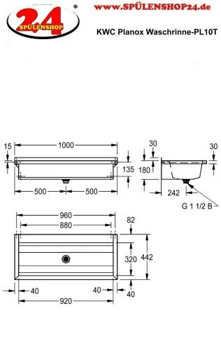 KWC PROFESSIONAL Planox Waschrinne-PL10T fugenlos verschwei�t mit Armaturenbank f�r Wandmontage Breite 1000mm (2030052439)