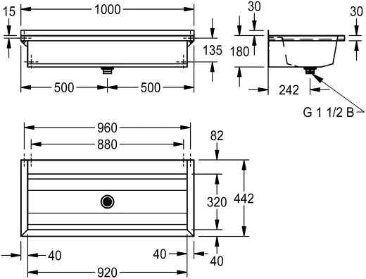 KWC PROFESSIONAL Planox Waschrinne-PL10T fugenlos verschwei�t mit Armaturenbank f�r Wandmontage Breite 1000mm (2030052439)
