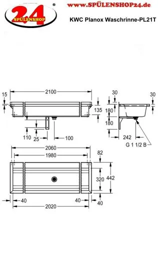 KWC PROFESSIONAL Planox Waschrinne-PL21T fugenlos verschwei�t mit Armaturenbank f�r Wandmontage Breite 2100mm