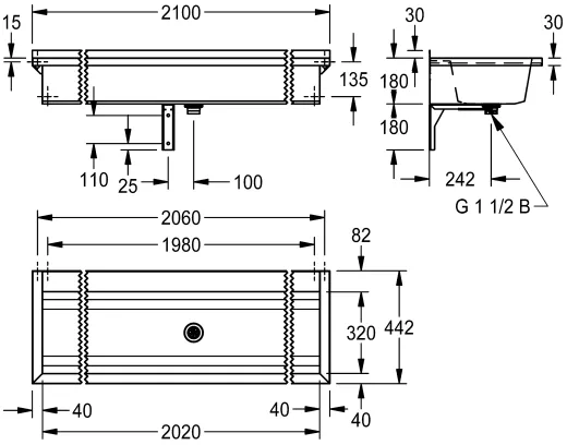 KWC PROFESSIONAL Planox Waschrinne-PL21T fugenlos verschwei�t mit Armaturenbank f�r Wandmontage Breite 2100mm