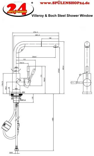Villeroy & Boch K�chenarmatur Steel Shower Window Einhebelmischer Edelstahl massiv mit Zugauslauf zur Vorfenstermontage