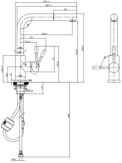 Villeroy & Boch K�chenarmatur Steel Shower Window Einhebelmischer Edelstahl massiv mit Zugauslauf zur Vorfenstermontage