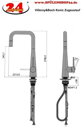 Villeroy & Boch Kchenarmatur Konic Einhebelmischer Edelstahl massiv mit Zugauslauf und 2-Strahlfunktion