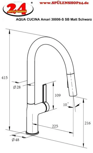 AQUACUCINA K�chenarmatur Amari 30006-S Einhebelmischer Matt Schwarz mit Schlauchbrause