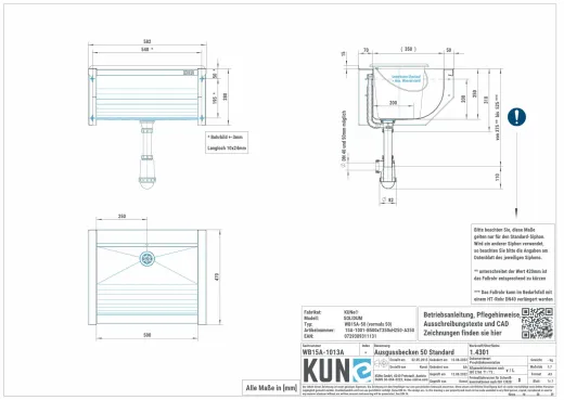 KUNe Arbeits-/ Mehrzweckbecken Solidum 50 WB15A-50 wandhngend gekantetes und geschweites Ausgussbecken (Beckentiefe 250mm)
