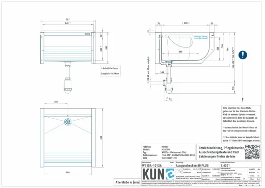 KUNe Arbeits-/ Mehrzweckbecken Solidum 50 Plus WB15A-50+ wandhngend gekantetes und geschweites Ausgussbecken (Beckentiefe 300mm)