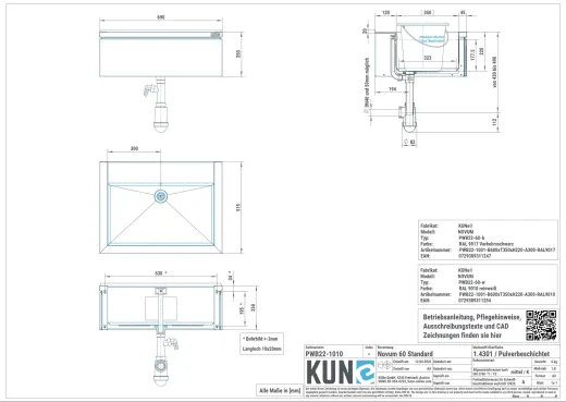 KUNe Arbeits-/ Mehrzweckbecken Novum 60 PWB22-60 wandhngend gekantetes und geschweites Ausgussbecken Verblendung Weiss