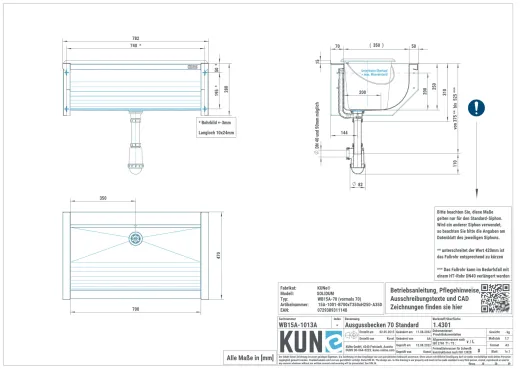 KUNe Arbeits-/ Mehrzweckbecken Solidum 70 WB15A-70 wandhngend gekantetes und geschweites Ausgussbecken (Beckentiefe 250mm)