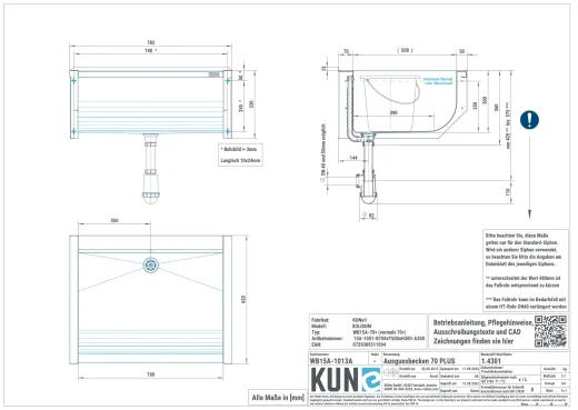 KUNe Arbeits-/ Mehrzweckbecken Solidum 70 Plus WB15A-70+ wandhngend gekantetes und geschweites Ausgussbecken (Beckentiefe 300mm)