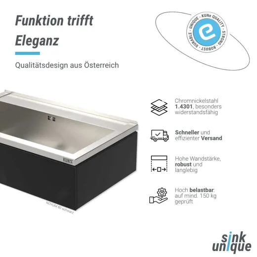 KUNe Arbeits-/ Mehrzweckbecken Novum 80 PWB22-80 wandhngend gekantetes und geschweites Ausgussbecken Verblendung Schwarz