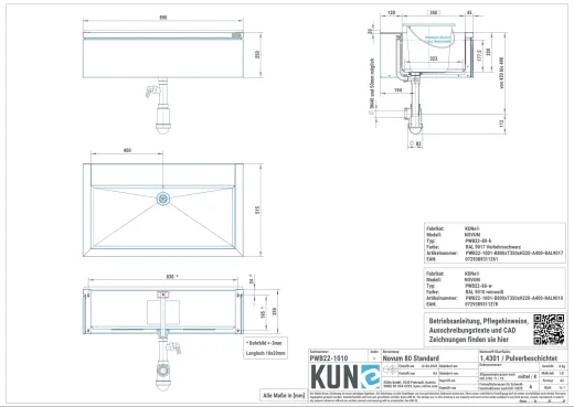 KUNe Arbeits-/ Mehrzweckbecken Novum 80 PWB22-80 wandhngend gekantetes und geschweites Ausgussbecken Verblendung Weiss