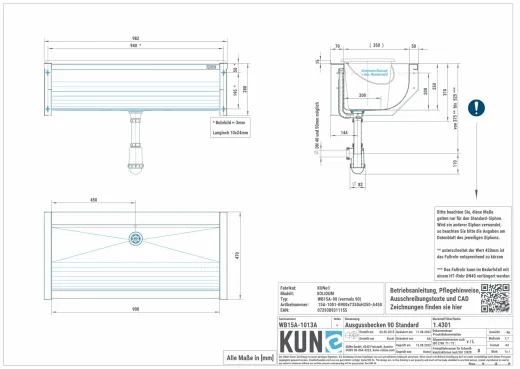 KUNe Arbeits-/ Mehrzweckbecken Solidum 90 WB15A-90 wandhngend gekantetes und geschweites Ausgussbecken (Beckentiefe 250mm)