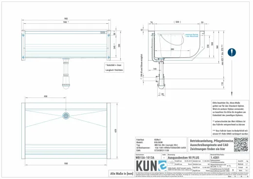 KUNe Arbeits-/ Mehrzweckbecken Solidum 90 Plus WB15A-90+ wandhngend gekantetes und geschweites Ausgussbecken (Beckentiefe 300mm)