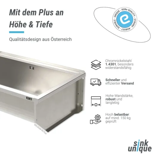 KUNe Arbeits-/ Mehrzweckbecken Solidum 90 Plus WB15A-90+ wandhngend gekantetes und geschweites Ausgussbecken (Beckentiefe 300mm)