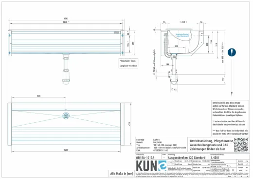 KUNe Arbeits-/ Mehrzweckbecken Solidum 120 WB15A-120 wandhngend gekantetes und geschweites Ausgussbecken (Beckentiefe 250mm)
