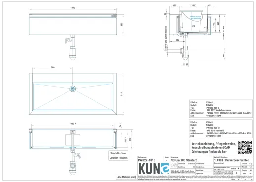 KUNe Arbeits-/ Mehrzweckbecken Novum 100 PWB22-100 wandhngend gekantetes und geschweites Ausgussbecken Verblendung Weiss