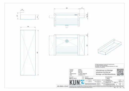 KUNe Ablageschale Edelstahl WB15-AS passend Ausgussbecken Solidum