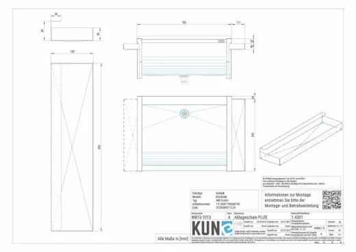 KUNe Ablageschale Plus Edelstahl WB15-AS+ passend Ausgussbecken Solidum Plus