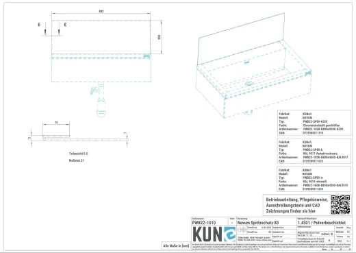 KUNe Novum 80 Spritzschutz Edelstahl PWB22-SP80 in 3 Farben auswhlbar passend Ausgussbecken Novum 80