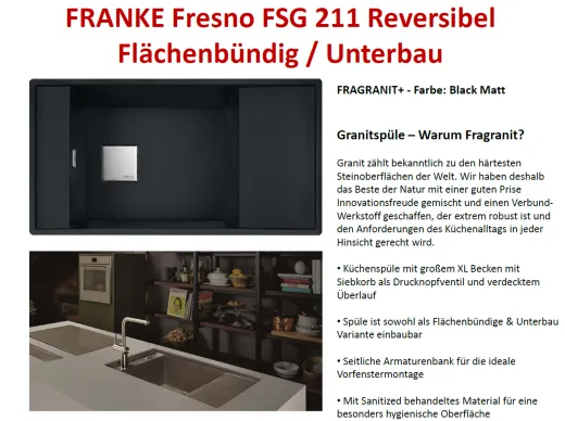 ✅ FRANKE Kchensple Fresno FSG 211 Fragranit+ Einbausple / Granitsple Flchenbndig / Unterbau mit Siebkorb als Druckknopfventil Farbe Black Matt