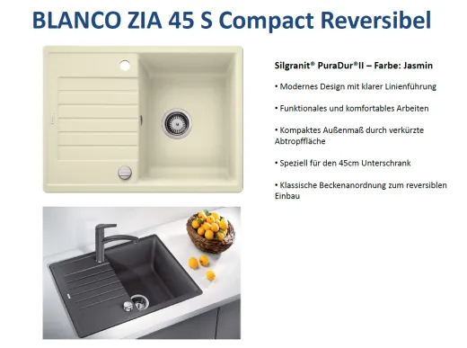 ✅ BLANCO Kchensple Zia 45 S Compact Silgranit PuraDurII Granitsple / Einbausple Farbe Jasmin mit Drehknopfventil