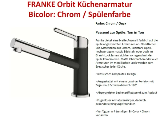 FRANKE Kchenarmatur Orbit Fragranit+ Farben Einhebelmischer mit Zugauslauf und Laminar Perlator 120 schwenkbarer Auslauf