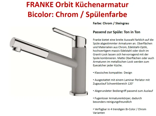 FRANKE Kchenarmatur Orbit Fragranit+ Farben Einhebelmischer mit Zugauslauf und Laminar Perlator 120 schwenkbarer Auslauf