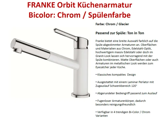 FRANKE Kchenarmatur Orbit Fragranit+ Farben Einhebelmischer mit Zugauslauf und Laminar Perlator 120 schwenkbarer Auslauf