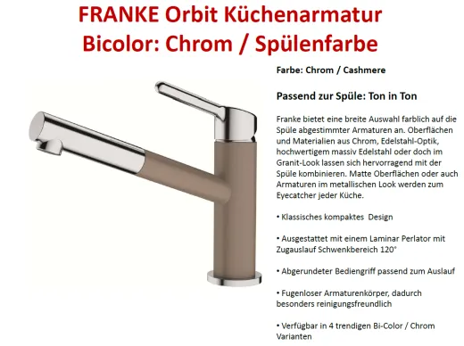 FRANKE Kchenarmatur Orbit Fragranit+ Farben Einhebelmischer mit Zugauslauf und Laminar Perlator 120 schwenkbarer Auslauf
