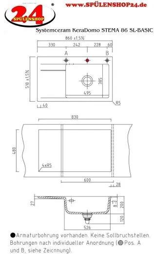 ✅*Systemceram KeraDomo STEMA 86 SL-BASIC Keramiksple / Einbausple in Standardfarbe Grnland glnzend fr die Kche