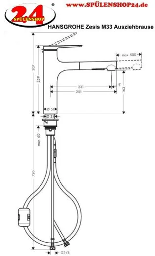 HANSGROHE Kchenarmatur Zesis M33 Chrom Einhebelmischer 160 mit Ausziehbrause, 2jet (74801000)