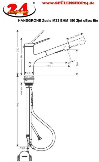 HANSGROHE Kchenarmatur Zesis M33 Edelstahl Finish Einhebelmischer 150 mit Ausziehbrause, 2jet, sBox lite (74803800)