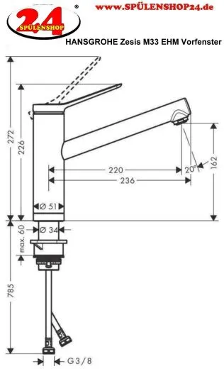 HANSGROHE Kchenarmatur Zesis M33 Chrom Einhebelmischer 160 mit Festauslauf fr Vorfenstermontage, 1jet (74805000)