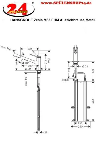 HANSGROHE Kchenarmatur Zesis M33 Chrom Einhebelmischer 150 mit Ausziehbrause aus Metall, 2jet, sBox (74821000)