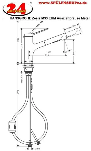HANSGROHE Kchenarmatur Zesis M33 Edelstahl Finish Einhebelmischer 150 mit Ausziehbrause aus Metall, 2jet (74820800)