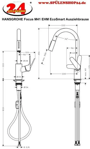 HANSGROHE Kchenarmatur Focus M41 Chrom Einhebelmischer 240 EcoSmart mit Ausziehbrause, 2jet (31833000)