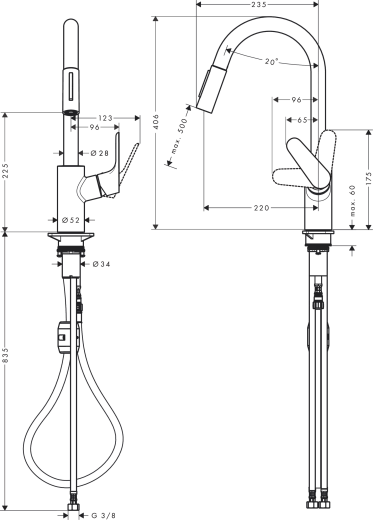 HANSGROHE Kchenarmatur Focus M41 Edelstahl Finish Einhebelmischer 240 EcoSmart mit Ausziehbrause, 2jet (31833800)