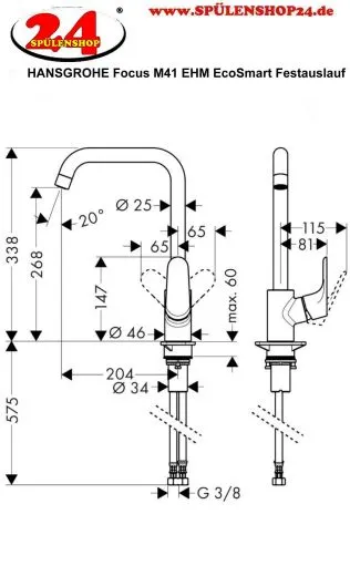 HANSGROHE Kchenarmatur Focus M41 Chrom Einhebelmischer 260 EcoSmart mit Festauslauf, 1jet (31821000)