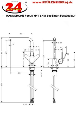 HANSGROHE Kchenarmatur Focus M41 Edelstahl Finish Einhebelmischer 280 EcoSmart mit Festauslauf, 1jet (31827800)